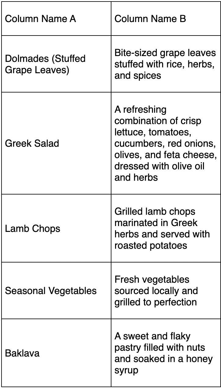 Sample soulas catering menu