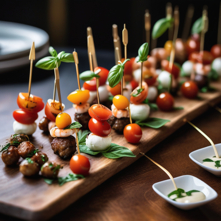 Assorted gourmet appetizers elegantly presented on a wooden table.